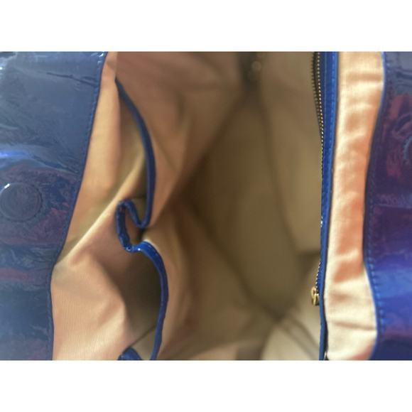 Tory Burch Canvas Tote Purse Bag Beach Beige Navy Blue w/ Gold Logo - Picture 10 of 11